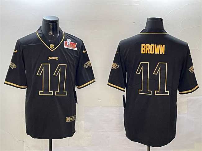 Mens Philadelphia Eagles #11 A. J. Brown Black Gold 2025 Super Bowl LIX Patch Salute To Service Vapor Untouchable Limited Stitched Jersey